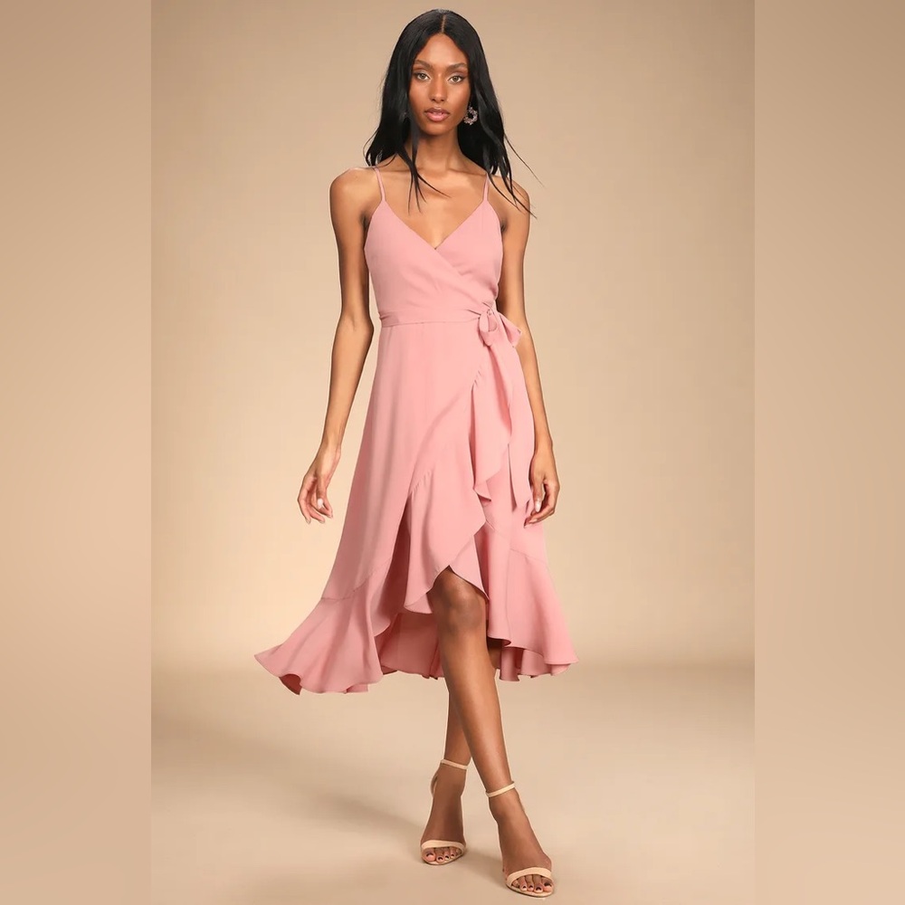 Manhattan Moment Mauve Ruffled Midi Wrap Dress